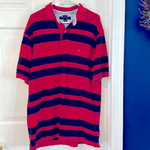 Men’s Tommy Hilfiger Red & Blue Stripe Short Sleeve Rugby Polo Size XL - Picture 2 of 6